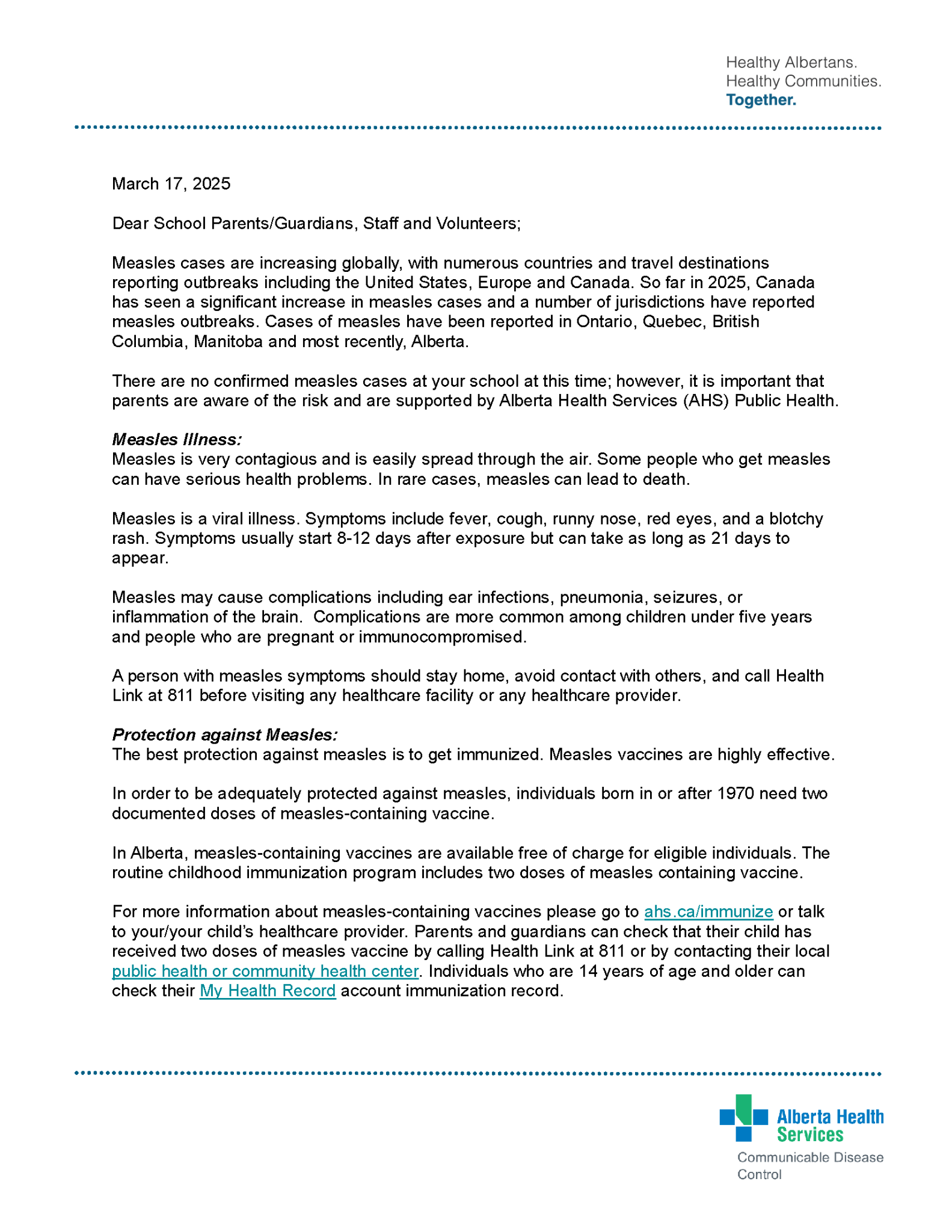03 17 25 Measles Parent letter FINAL Page 1